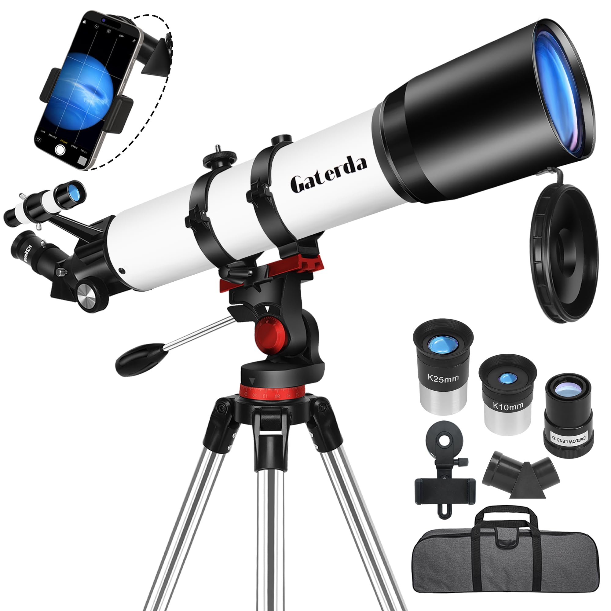 Gaterda Telescope, 90mm Aperture Telescope for Adults High Powered (28X-210X), Refractor Telescopes for Astronomy Beginners with AZ Mount, Tripod and Phone Adapter for Moon Observation
